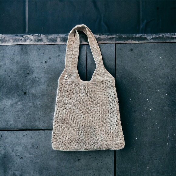 12.5” x 12.5" MERONA Tan Woven CROCHET 2 Handles SNAP CLOSE Lined BAG - Picture 1 of 8